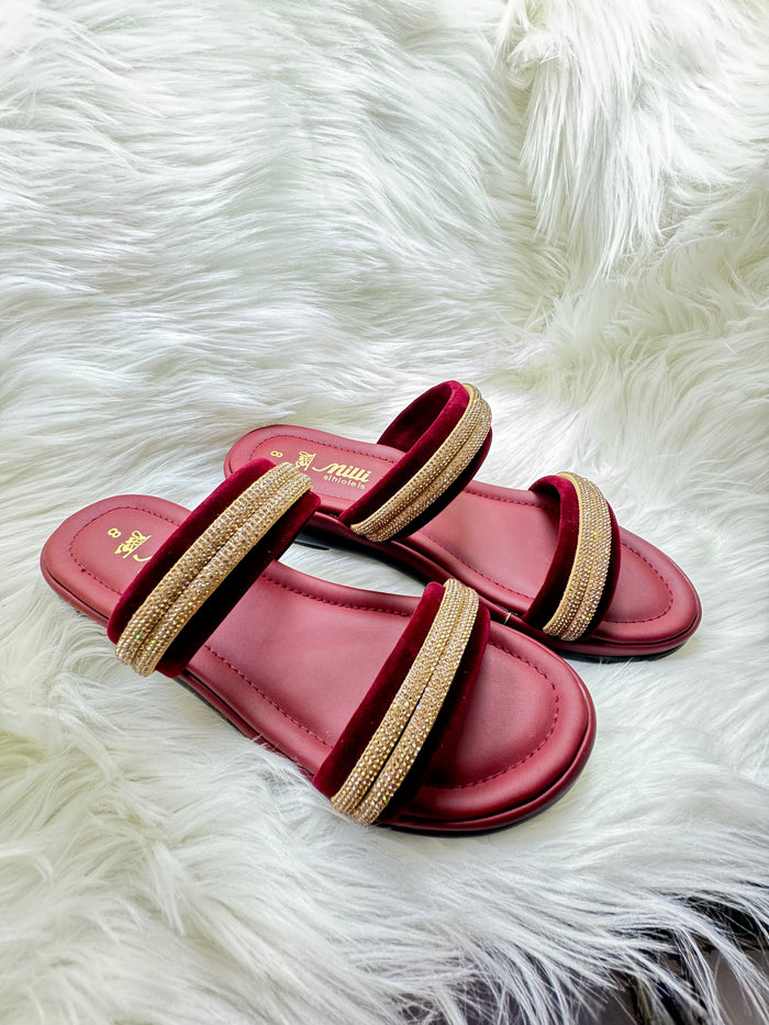 Milli Collections Maroon Velvet & Rhinestone Double-Strap Slides - Article 44