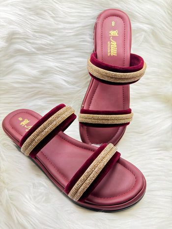 Milli Collections Maroon Velvet & Rhinestone Double-Strap Slides - Article 44