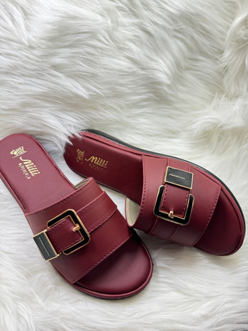 Chic Maroon Flat Sandals with Gold-Tone Buckle  Style No. 418