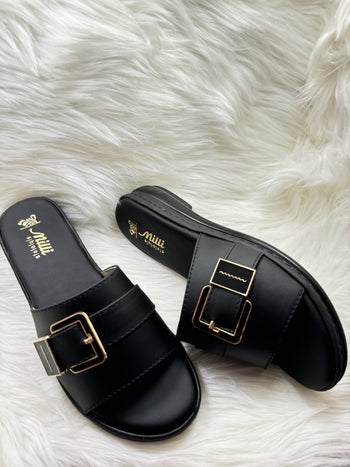 Milli Collections Women's Slip-On Flat Sandals in Black with Gold-Tone Buckle, Article 418