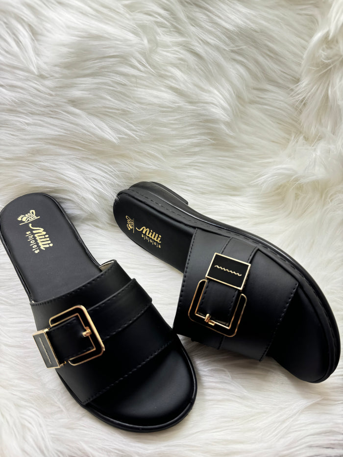 Milli Collections Women's Slip-On Flat Sandals in Black with Gold-Tone Buckle, Article 418